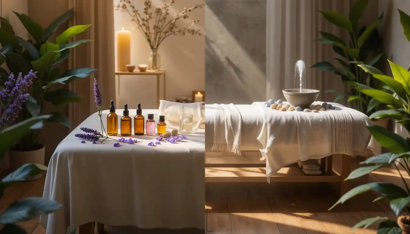 The photograph captures a serene spa setting, divided into two harmonious halves. On one side, a soft, amber-lit table adorned with essential oils, delicate bottles, and fresh lavender petals exudes calmness. The other half features a plush massage table, draped with calming towels and a gentle, flowing fountain. Subtle shadows dance across the wooden floor, while soothing green plants frame the scene, creating a visual tension between the tranquility of aromatherapy and the indulgence of massage. Aromatherapy vs massage