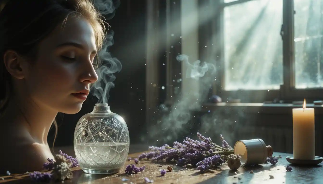 In the photograph, an elegant glass diffuser emits wisps of lavender-scented mist, casting a soft glow in the dimly lit room. Nearby, wilted flowers and an overturned candle hint at unintended consequences. A woman's serene yet slightly flushed face is partially visible, her eyes closed, with a hint of redness on her cheeks. Sunlight streams through a window, highlighting dust particles suspended in the air, creating an ethereal but unsettling atmosphere. -aromatherapy side effects