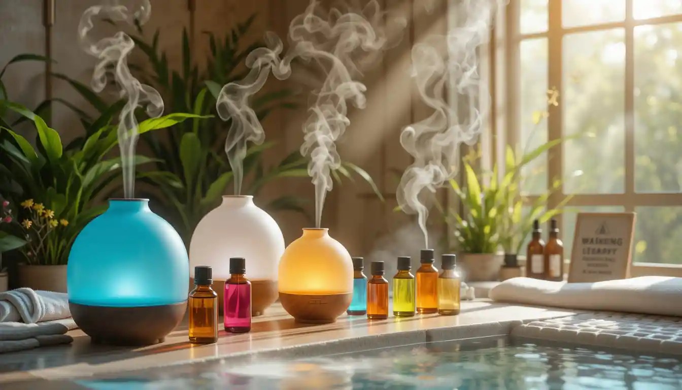 Aromatherapy benefits and risks: what you need to know 7 A serene spa setting bathed in soft, natural light, where delicate wisps of steam rise from a collection of essential oil diffusers. Glass bottles with colorful oils reflect the light, casting a kaleidoscope of hues on nearby plants. The peaceful ambiance contrasts with a warning sign subtly visible in the corner, hinting at potential allergic reactions. A tranquil yet thought-provoking composition that captures the dual nature of aromatherapy. -aromatherapy benefits and risks
