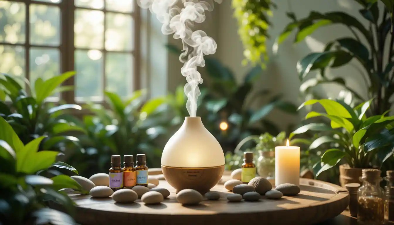 Aromatherapy for anxiety: can essential oils calm your mind 4 A serene scene featuring a softly lit room adorned with lush greenery. Centered is a delicate diffuser emitting wisps of white steam, infused with vibrant essential oil bottles in soothing colors. A calming collection of smooth stones and a softly glowing candle create a tranquil atmosphere. In the background, an open window reveals a glimpse of nature, while the gentle play of light casts calming shadows, inviting a deep sense of peace and relaxation. -aromatherapy for anxiety