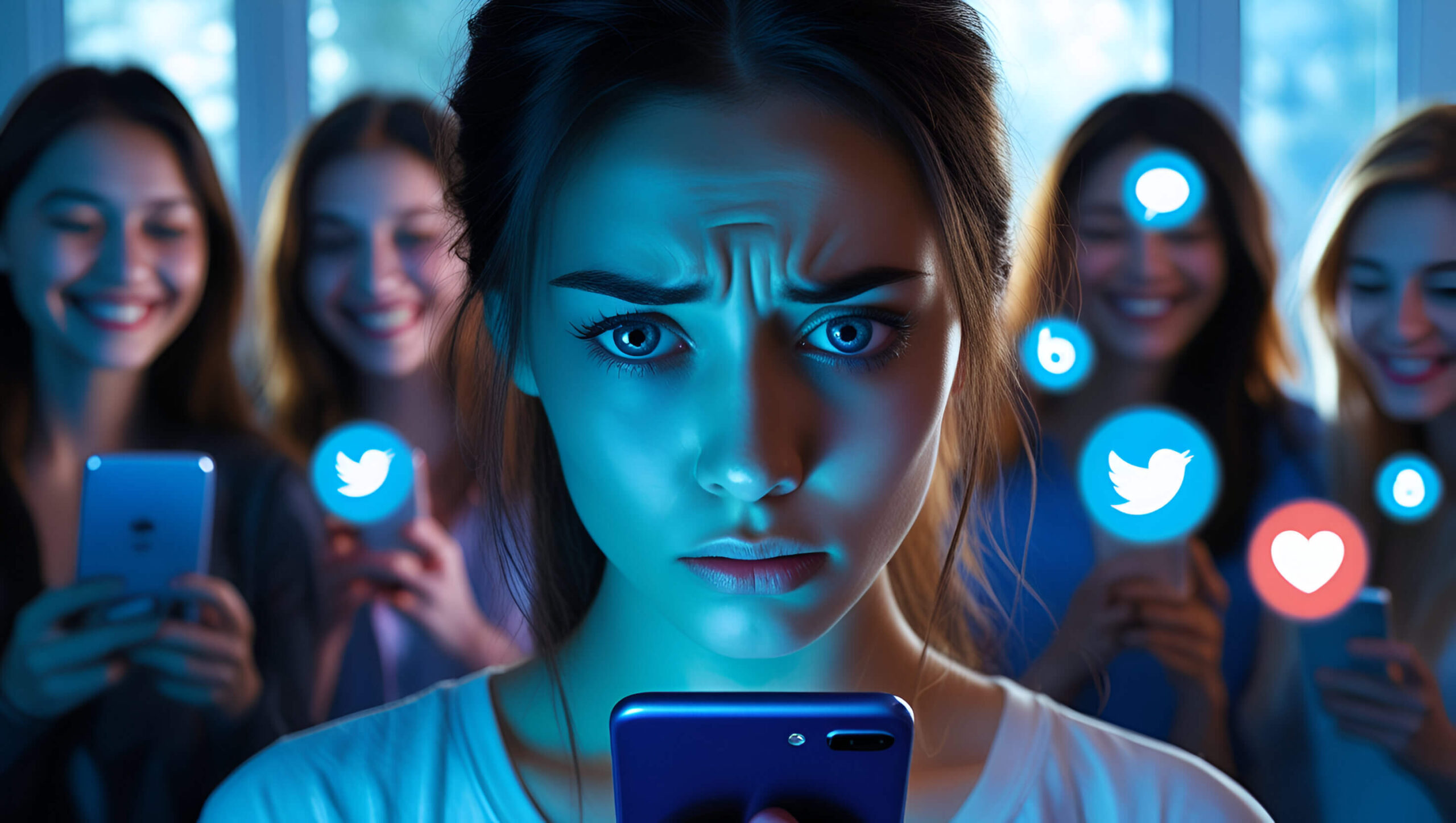 The impact of social media on mental health 12 Young woman illuminated by blue smartphone light, eyes reflecting anxiety. Blurred, smiling friends in the background, engrossed in their devices. Contrast highlights isolation amid connection, with floating social media icons.