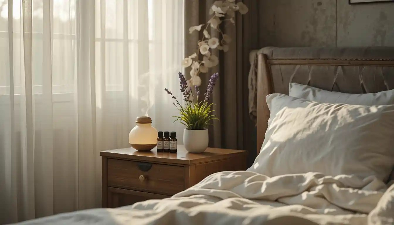 A tranquil bedroom scene captures the essence of relaxation. Soft, diffused light filters through sheer curtains, illuminating a wooden nightstand adorned with elegantly arranged essential oil bottles. A ceramic diffuser gently releases wisps of fragrant steam, curling gracefully into the air. Nestled beside it, a cozy, unmade bed with plush pillows invites slumber, while a small potted lavender plant adds a touch of calming green. The air, filled with soothing aromas, hints at restorative serenity. Aromatherapy for sleep