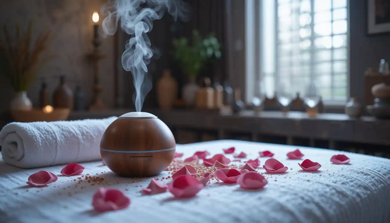Close-up of an aromatherapy diffuser emitting gentle steam in a dimly lit spa room, soft towels and rose petals on a massage table, natural wood and stone elements, creating a tranquil and relaxing atmosphere.