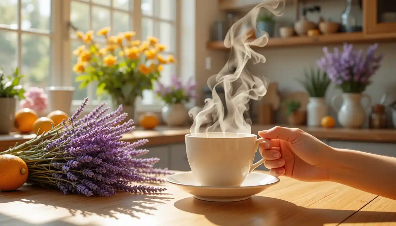 A sun-drenched kitchen adorned with vibrant bouquets of lavender and fresh citrus fruits, their bright colors contrasting against a backdrop of polished wooden countertops. Soft sunlight streams through a window, casting warm glows on a steaming cup of herbal tea. Delicate wisps of steam rise gracefully, intertwining with the floral notes in the air. A hand gently cradles the cup, radiating tranquility, capturing the essence of comfort and joy in a fragrant embrace. -aromatherapy for emotional health