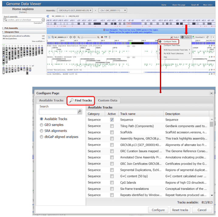 screenshot of genome data browser, showing 'Tracks' menu and 'Find Tracks' tab