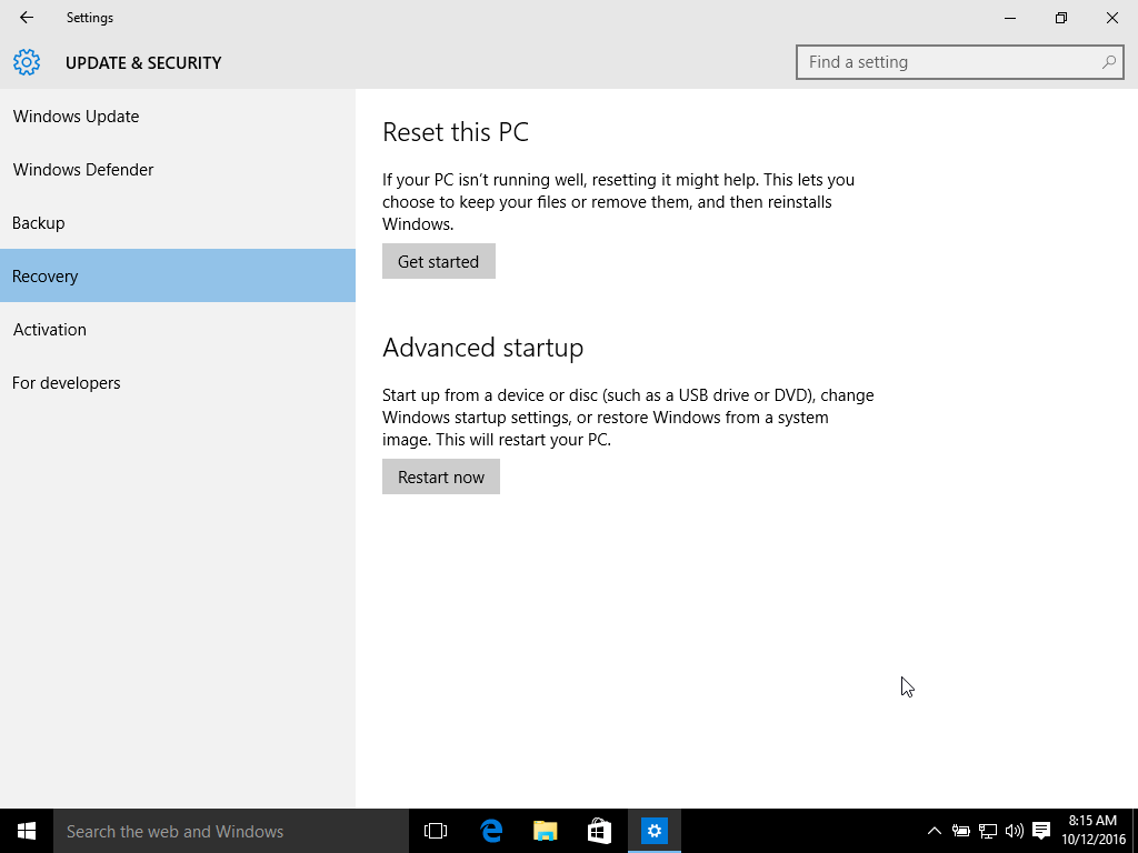 Windows 10 Recovery screen