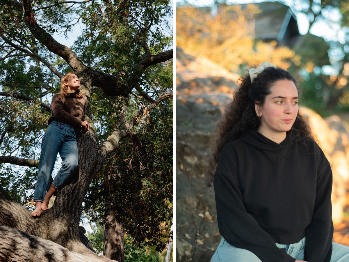 Ally in a tree at Indian Rock, barefoot, and Ximena at the rock looking off