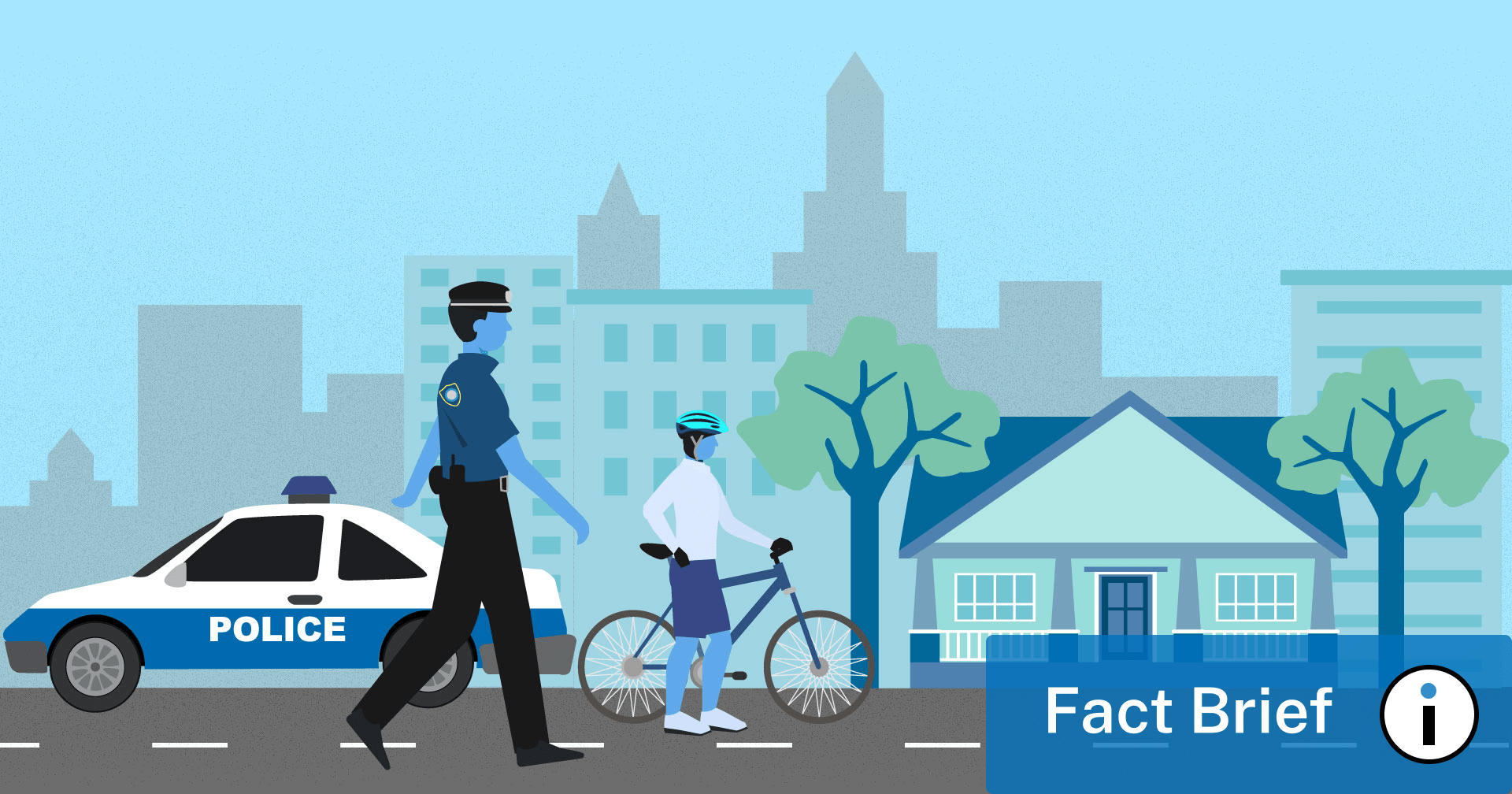 An illustration of a police officer walking down a city street.