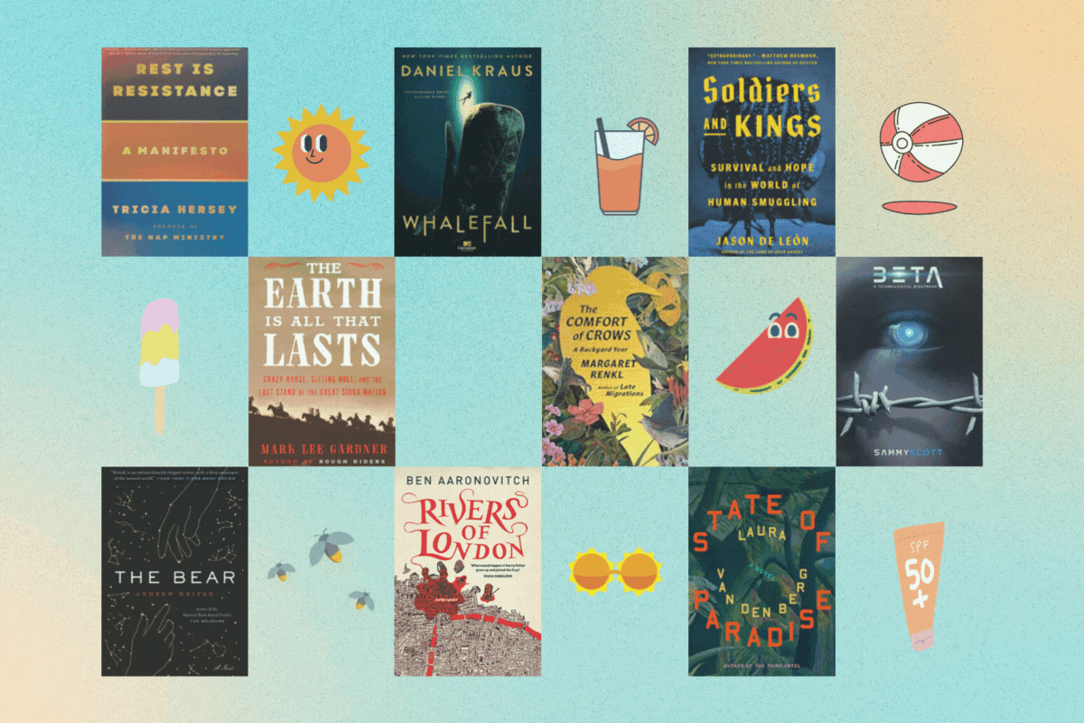 A collection of book covers arranged in a grid with small decorative elements like a sun, cactus, and sunglasses surrounding them. Titles include "Rest is Resistance," "Whalefall," and "Soldiers and Kings.