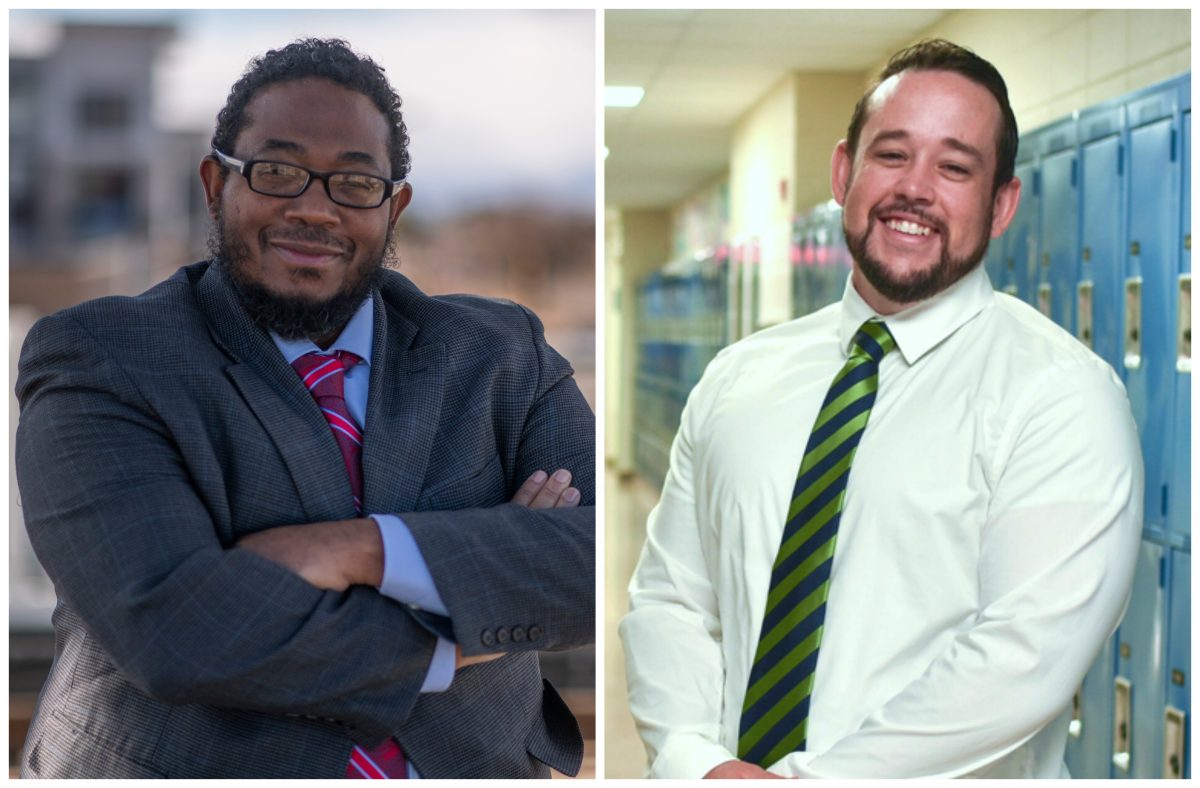 Two photos combined together. The left is a headshot of Michael Carter in a suit. The right is Brian Lindstrom in a tie while standing in a school hallway.