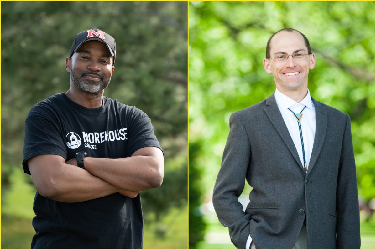 A photo of Idris Keith, wearing a black t-shirt and hat, next to a photo of state Rep. Mike Weissman, wearing a suit and bolo tie.