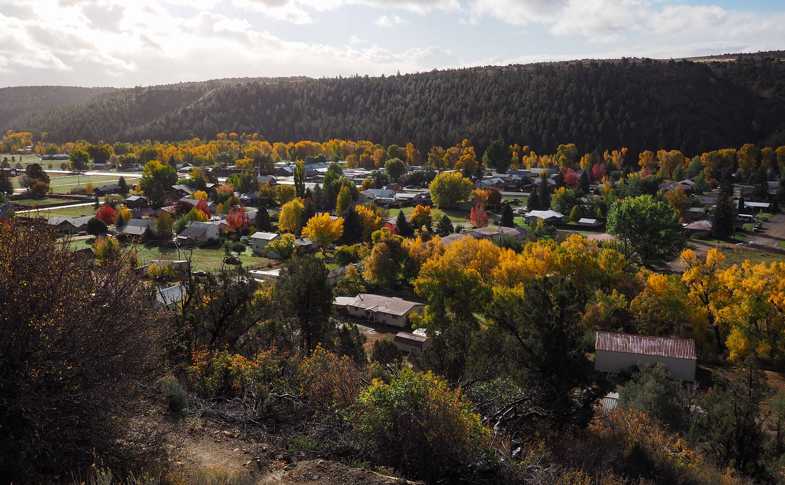 A small town with scattered houses and colorful autumn trees, surrounded by hills and a cloudy sky, offers emergency rental assistance to residents in need.