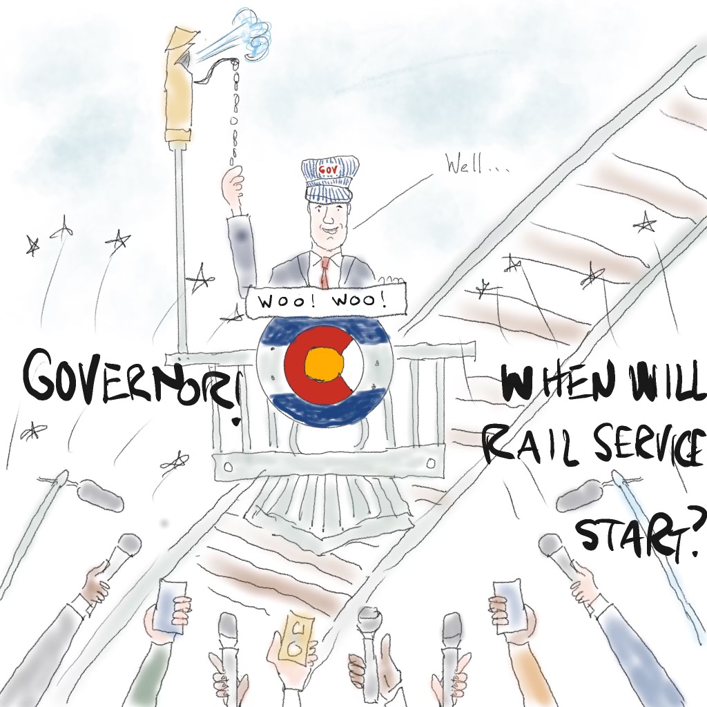 A cartoon of the governor dressed like a train conductor doing a press conference promising rail service