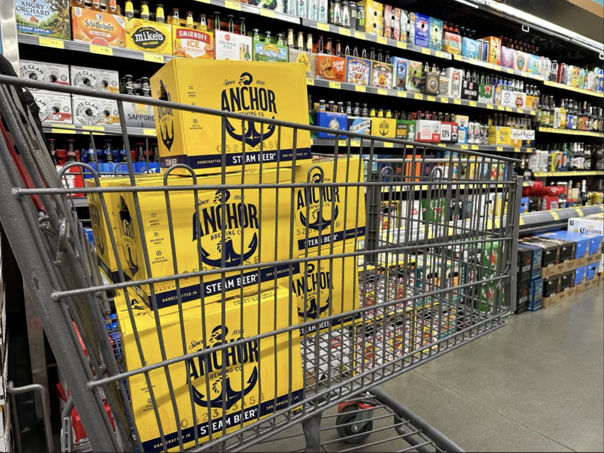 A shopping cart full of beer from Anchor Brewing.