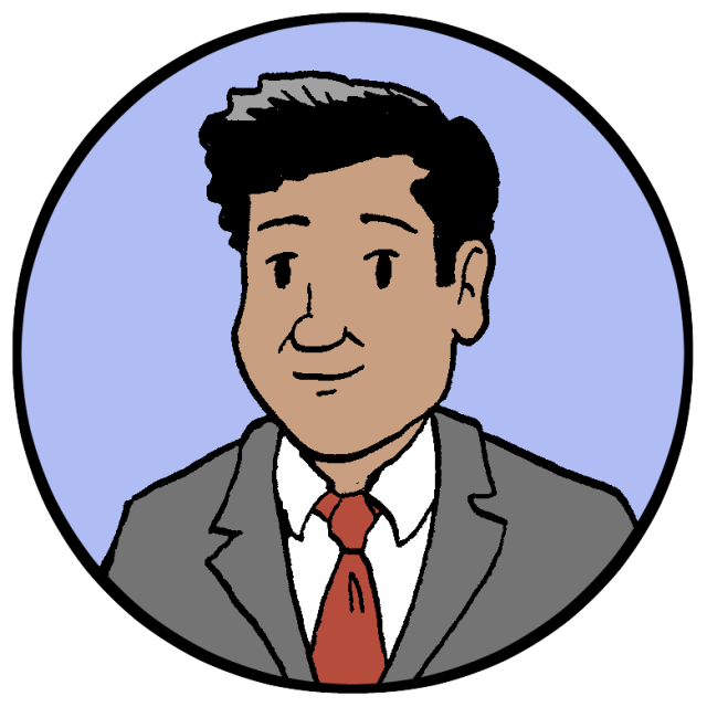 An illustration of District 1 candidate Sherman D'Silva, a man in a suit and tie.