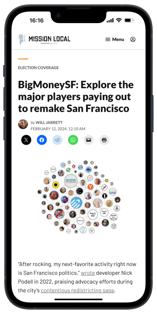 A smartphone displaying an article from mission local titled "bigmoneysf: explore the major players in san francisco politics", with a collection of political logos below the headline.