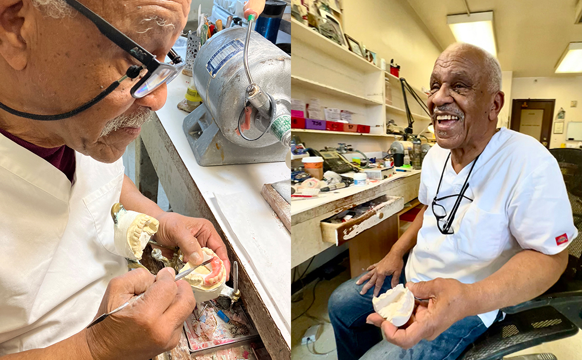 A smiling dental technician working on prostheses in a laboratory setting.