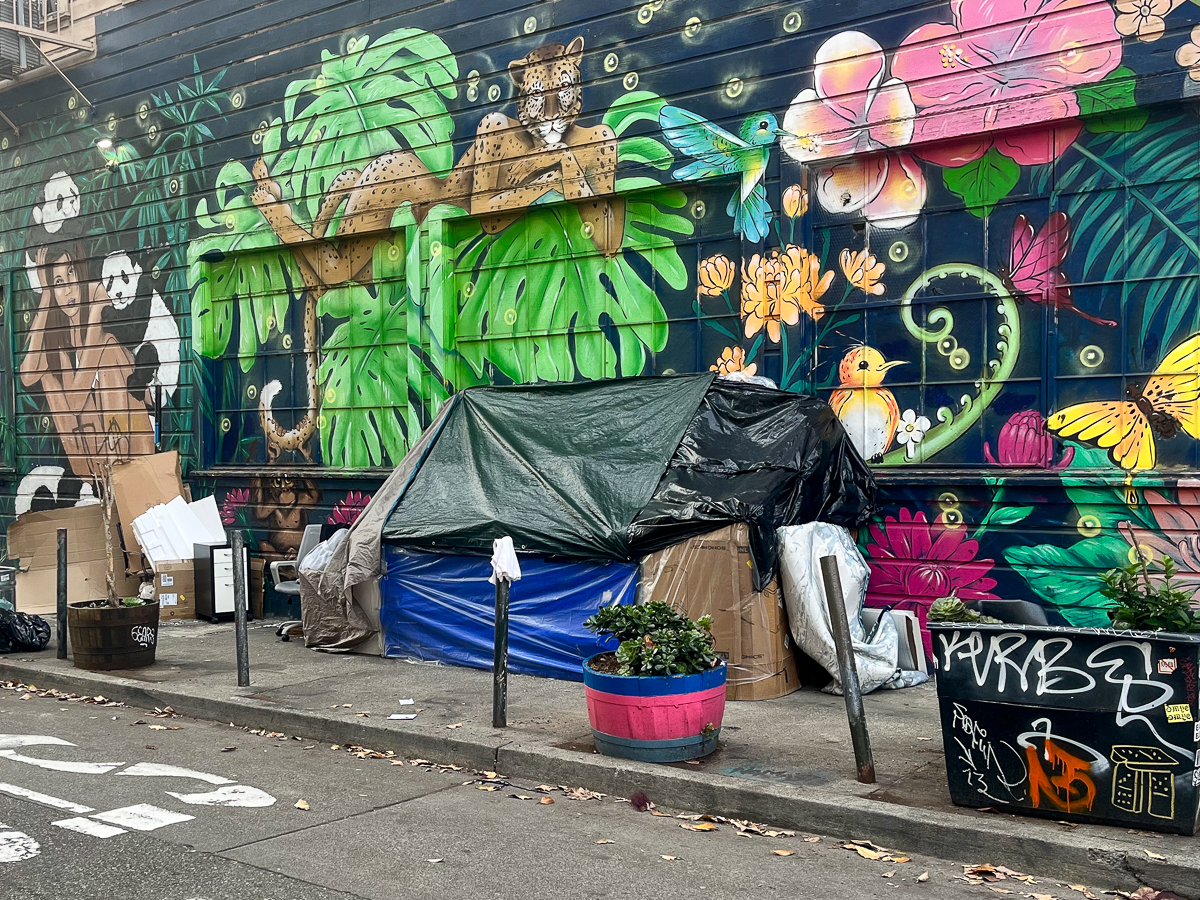 A makeshift shelter with a tarp and cardboard is set up on a street lined with garbage, against a colorful mural of flowers and birds.