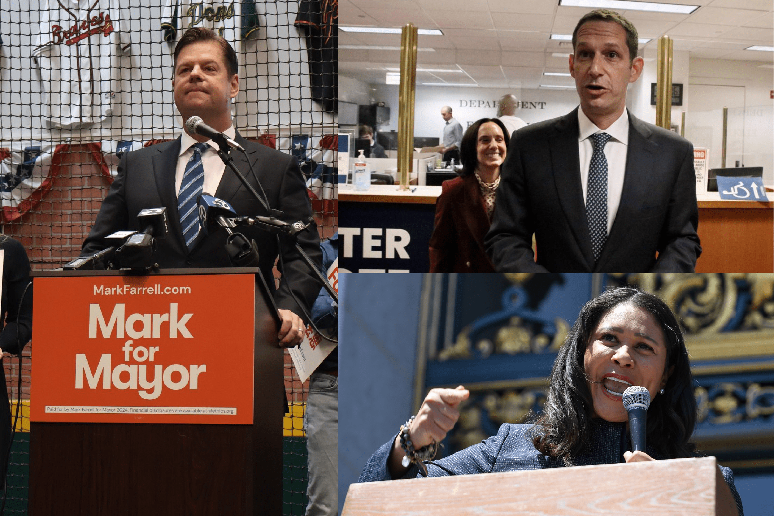 A collage of three photos showing individuals speaking on microphones and addressing crowds. A campaign sign "Mark for Mayor" is visible in one image.