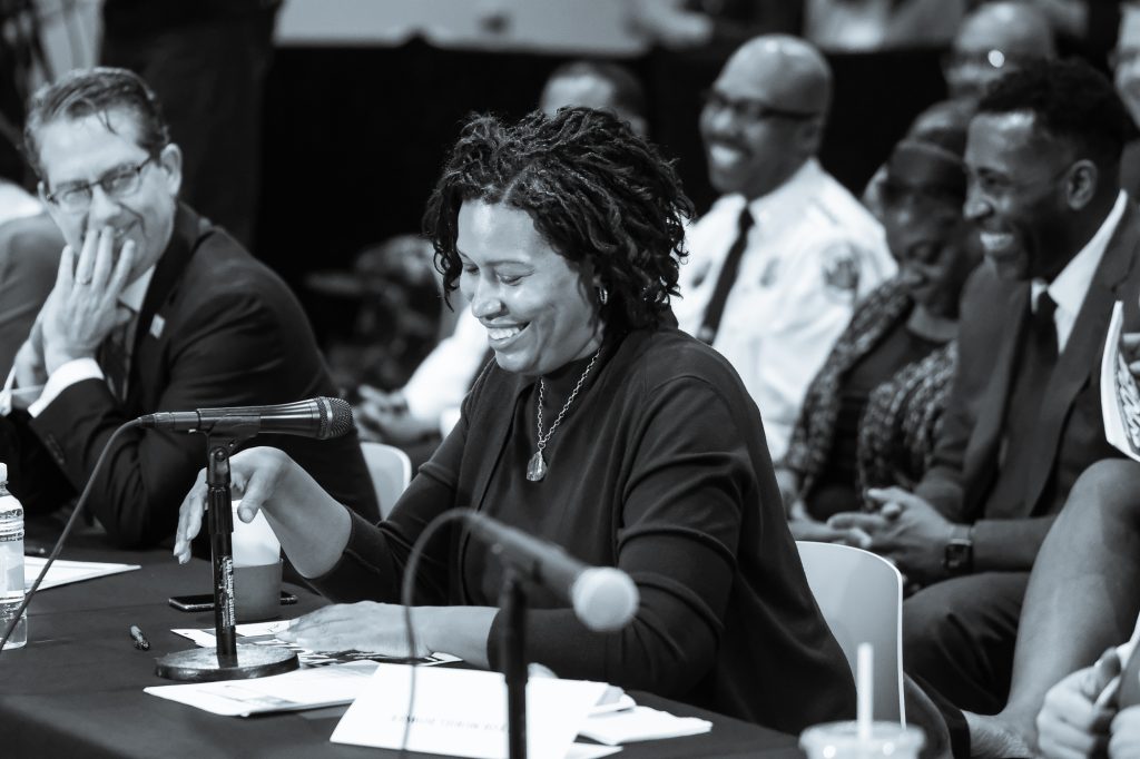 Mayor Muriel Bowser speaks at a public meeting in 2023