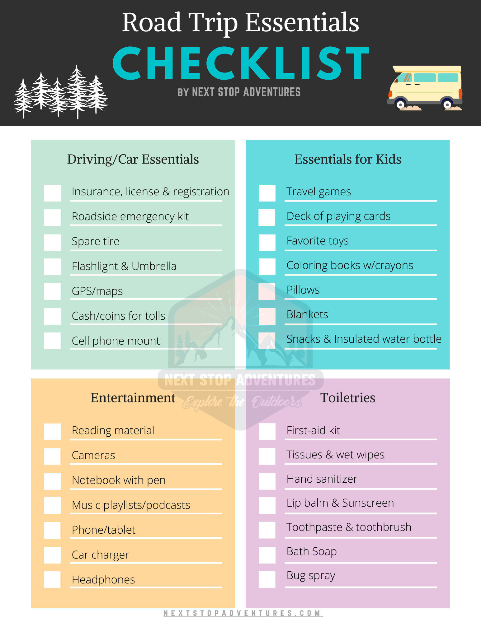 Next Stop Adventures road trip essentials checklist for the outdoor adventurers
