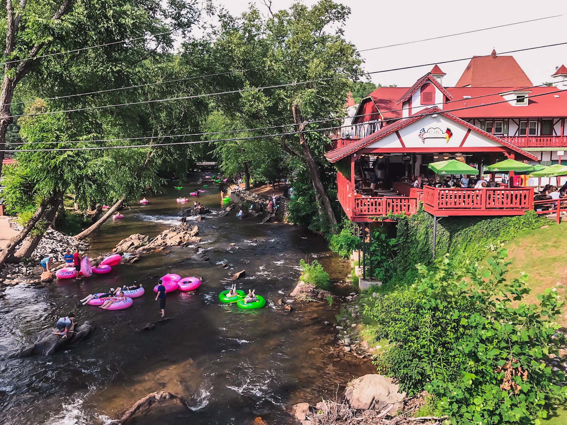 lazy tubing on Chattahoochee River in Helen Georgia Bavarian town