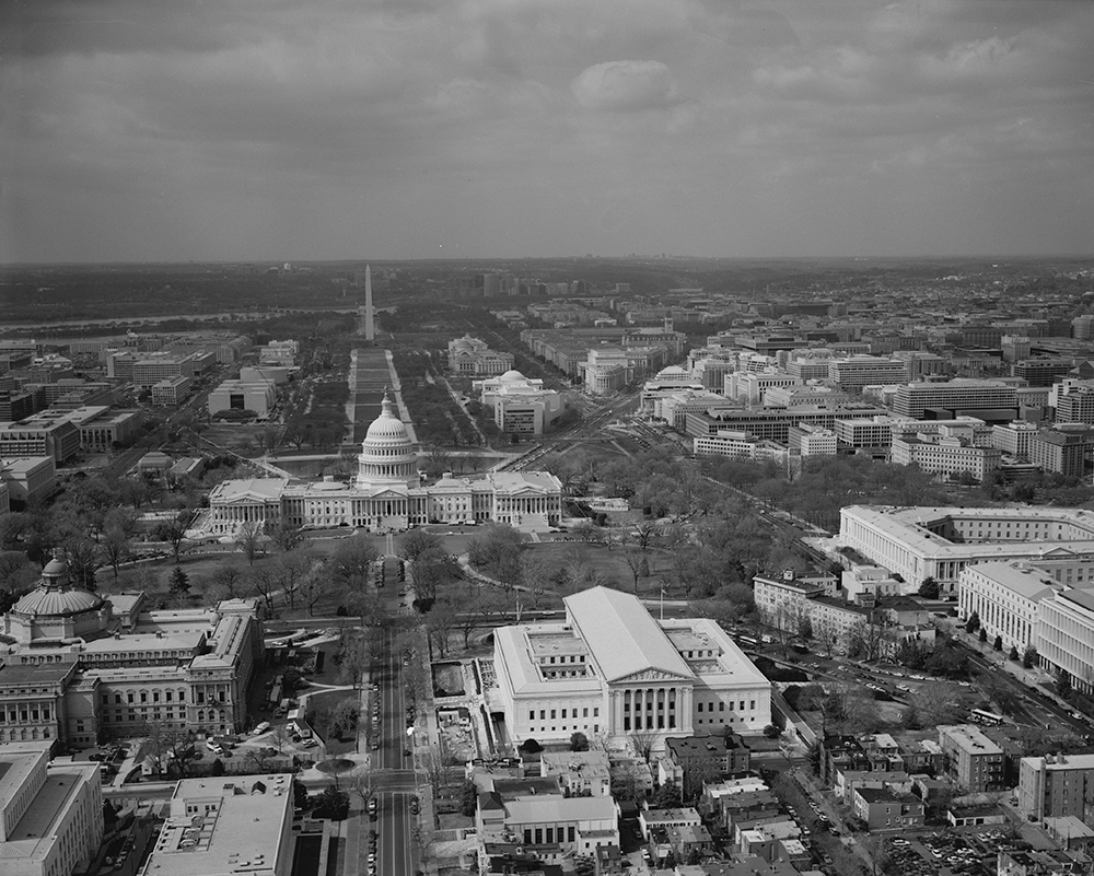 An aerial view of downtown Washington, D.C. in the 1950s