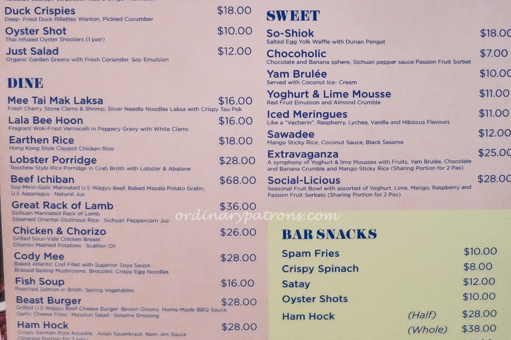 Beast & Butterflies Singapore Menu