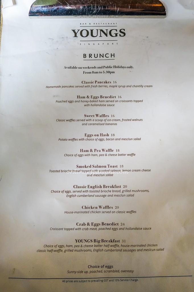 Menu YOUNGS Bar & Restaurant