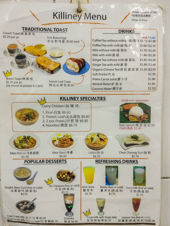 Menu of Killiney Kopitiam