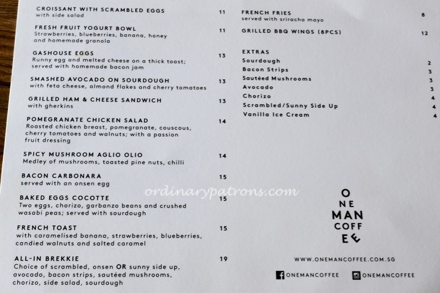One Man Coffee Menu