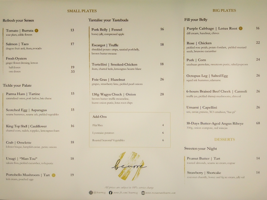 Menu of Restaurant Beurre 