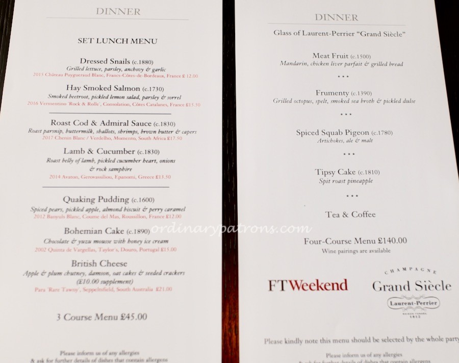 Menu of Dinner by Heston Blumenthal