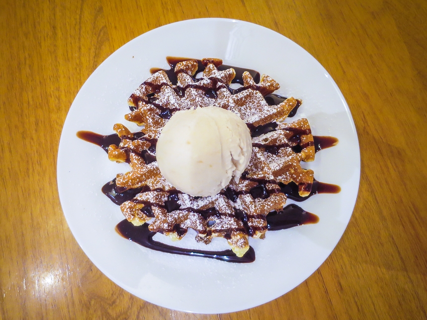 Waffles with a scoop of Rhubarb & Pear Frost at Daily Scoop