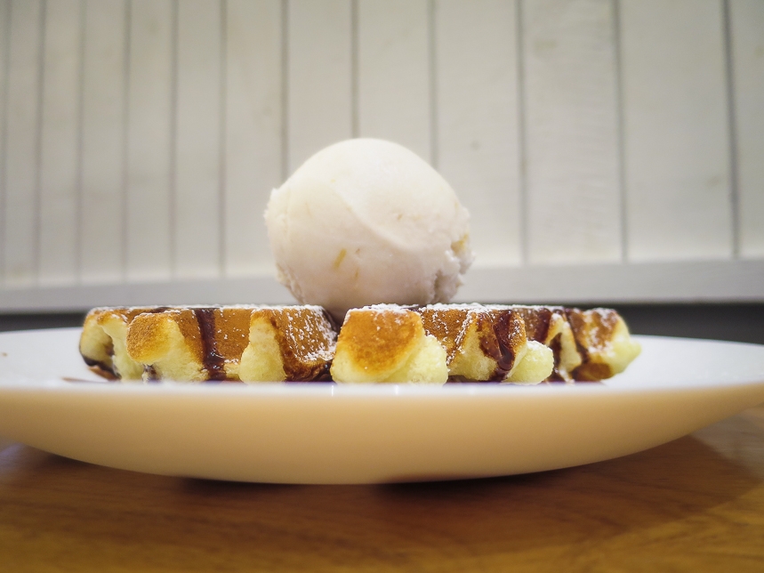 Waffles with a scoop of Rhubarb & Pear Ice Cream at Daily Scoop