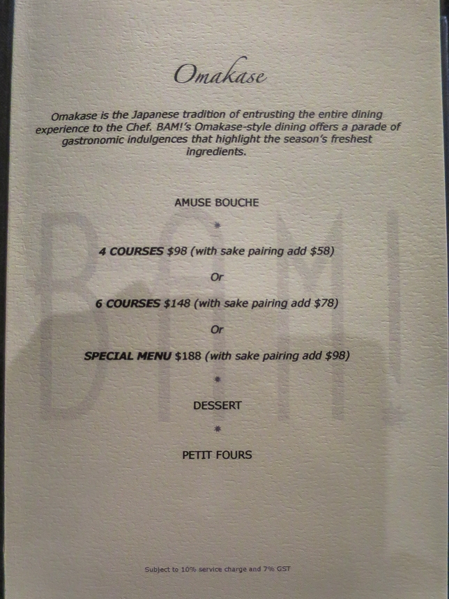 BAM! Restaurant Omakase Menu
