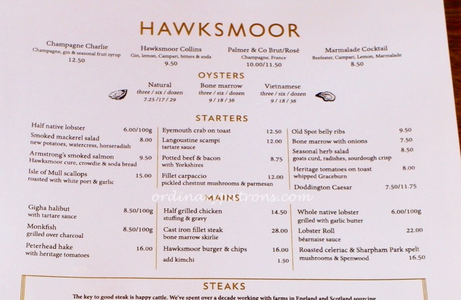 Hawksmoor Edinburgh Menu