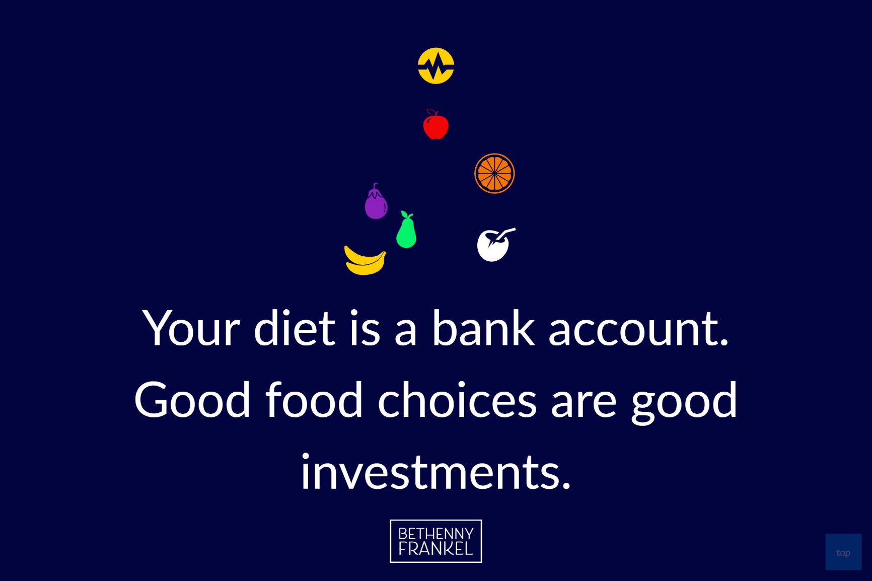 Your diet is a bank account. Good food choices are good investments. - Bethany Frankel  quote
