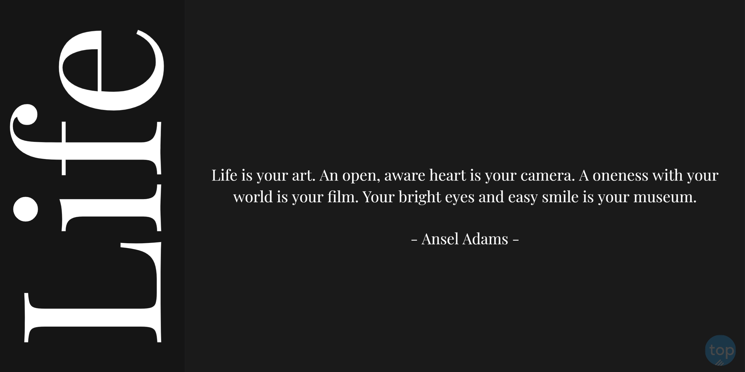 Life is your art. An open, aware heart is your camera. A oneness with your world is your film. Your bright eyes and easy smile is your museum.― Ansel Adams quote