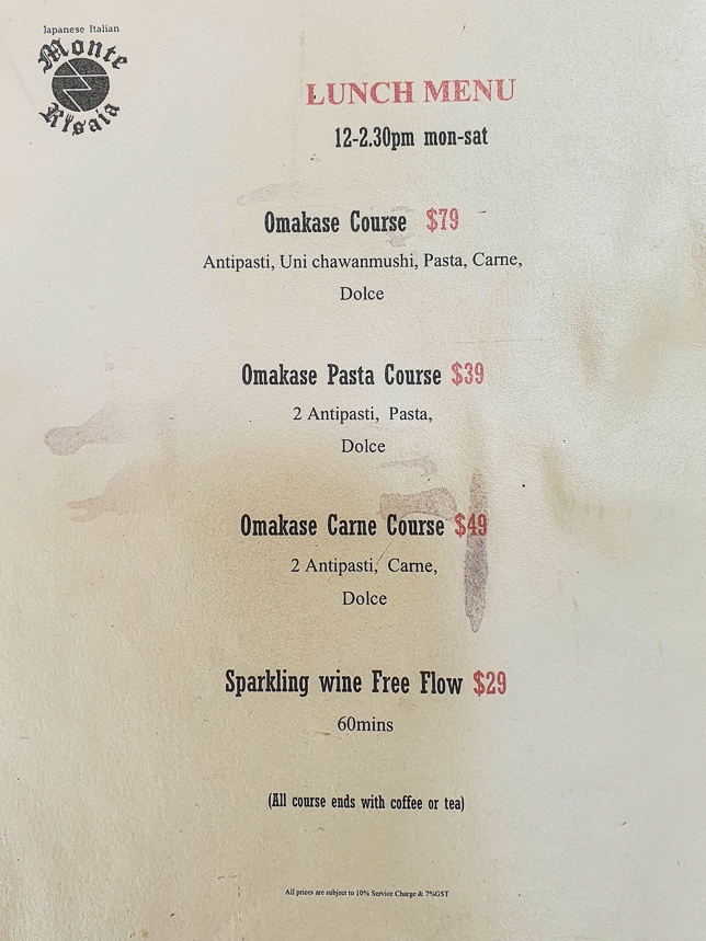 Menu of Monte Risaia Japanese Italian Restaurant