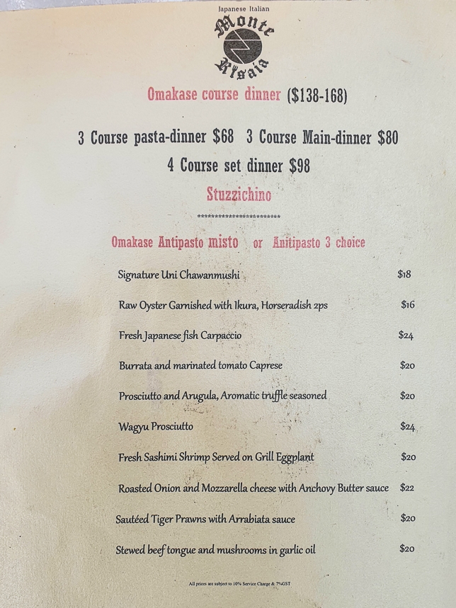 Monte Risaia Japanese Italian Restaurant Menu