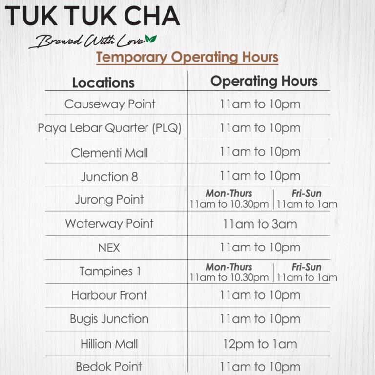Tuk Tuk Cha Opening hours
