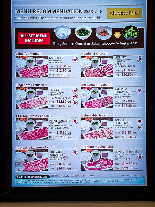 Singapore Yakiniku Like Menu