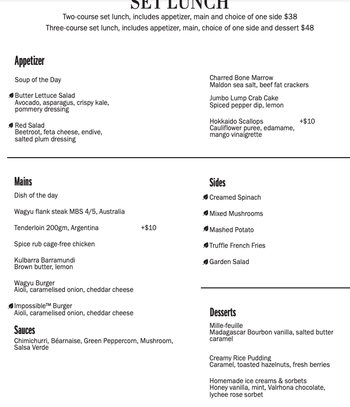 665°F Andaz Singapore Steakhouse Set Lunch Menu
