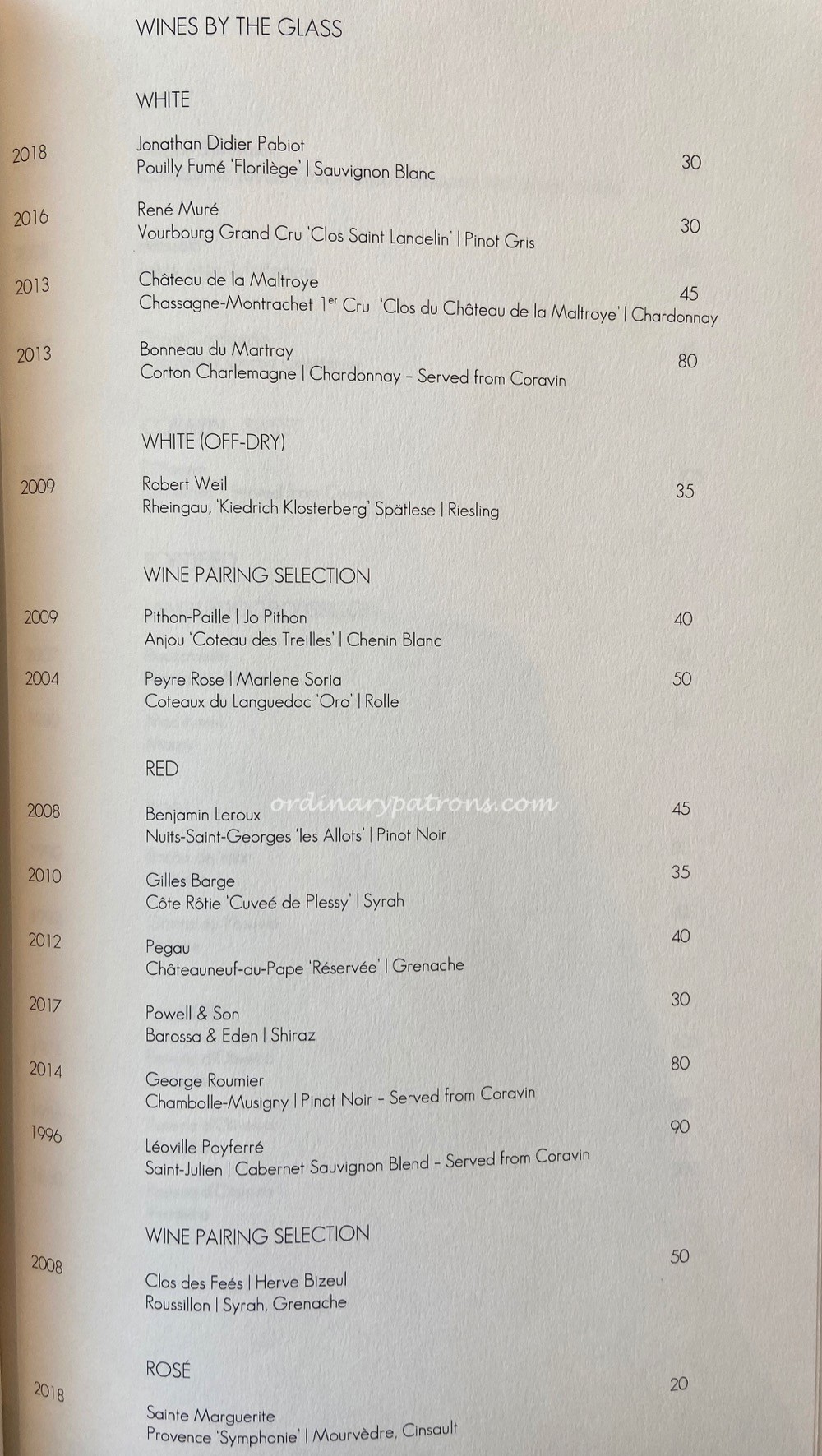 Odette Singapore Restaurant Wine by Glass List