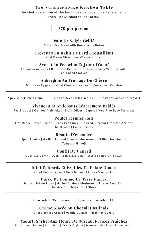 The Summerhouse Kitchen Table Menu