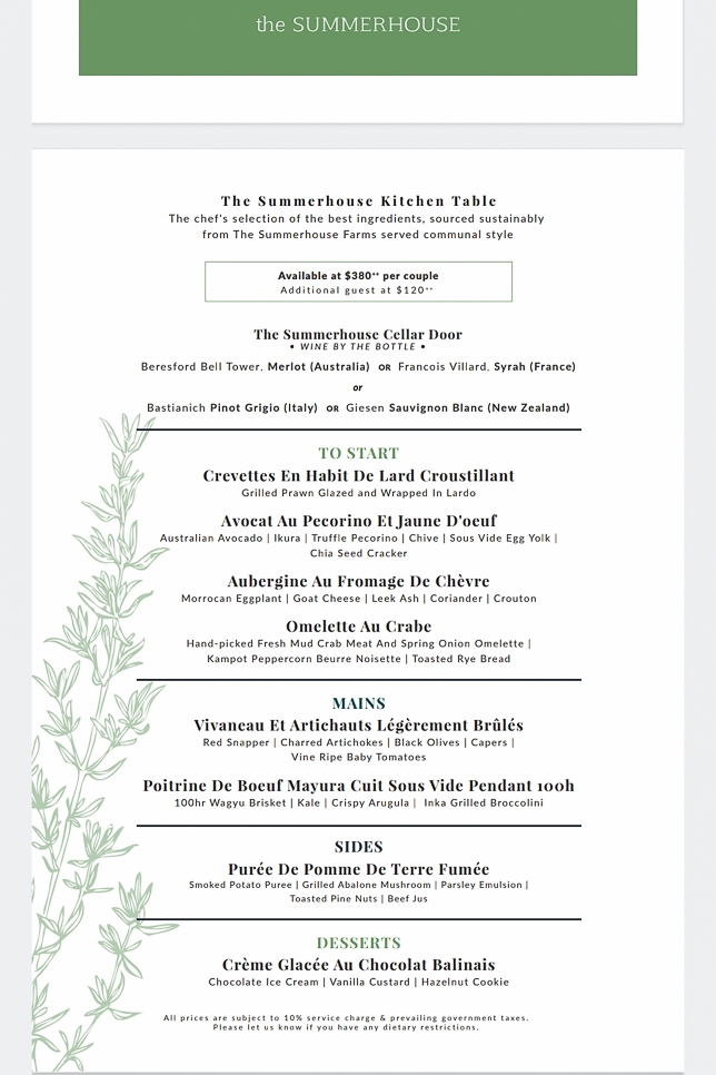 The Summerhouse Kitchen Table Menu