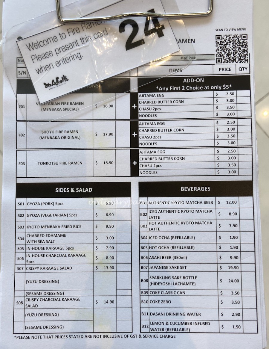 Menbaka Fire Ramen Singapore Orchard Cineleisure Menu