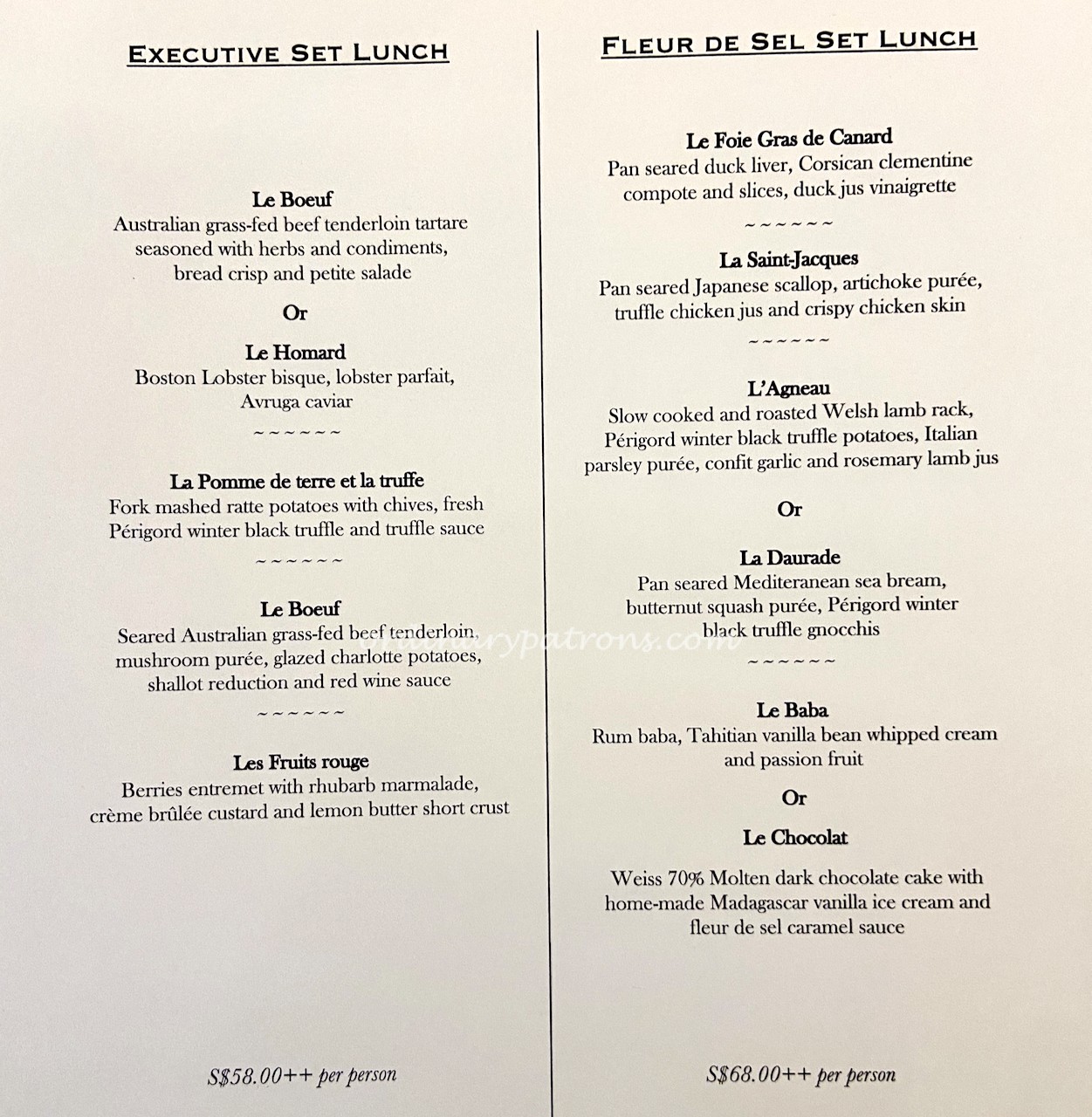 Set Lunch Menu at Fleur de Sel Restaurant, Tanjong Pagar Singapore