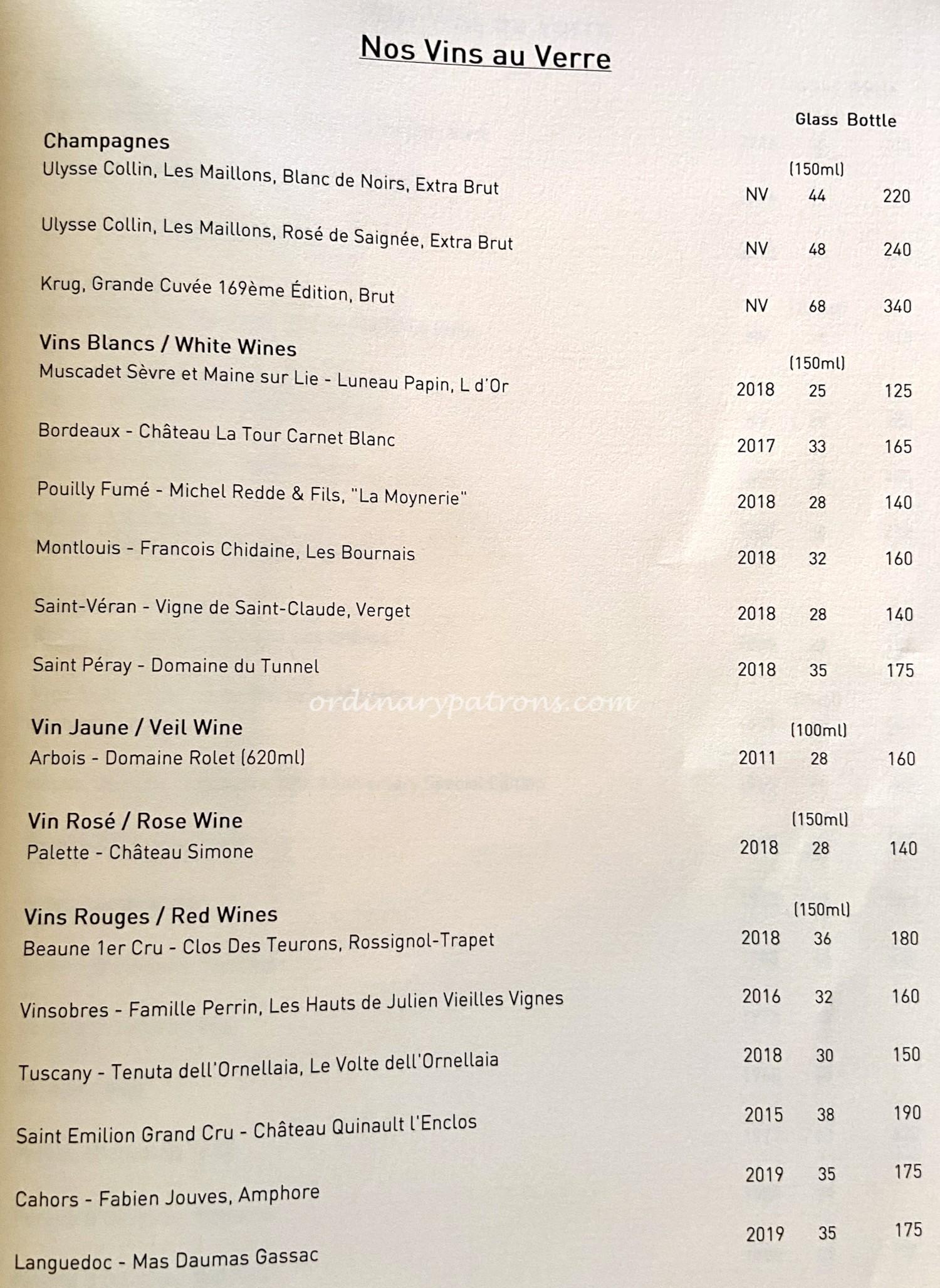 Les Amis Singapore wine list by the glass
